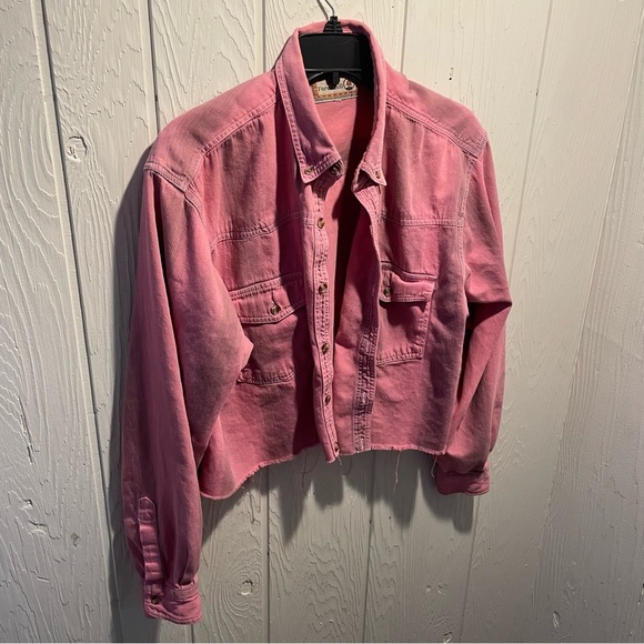 Nasty Gal Pink Distressed Crop Shirt Jacket - Picture 2 of 7